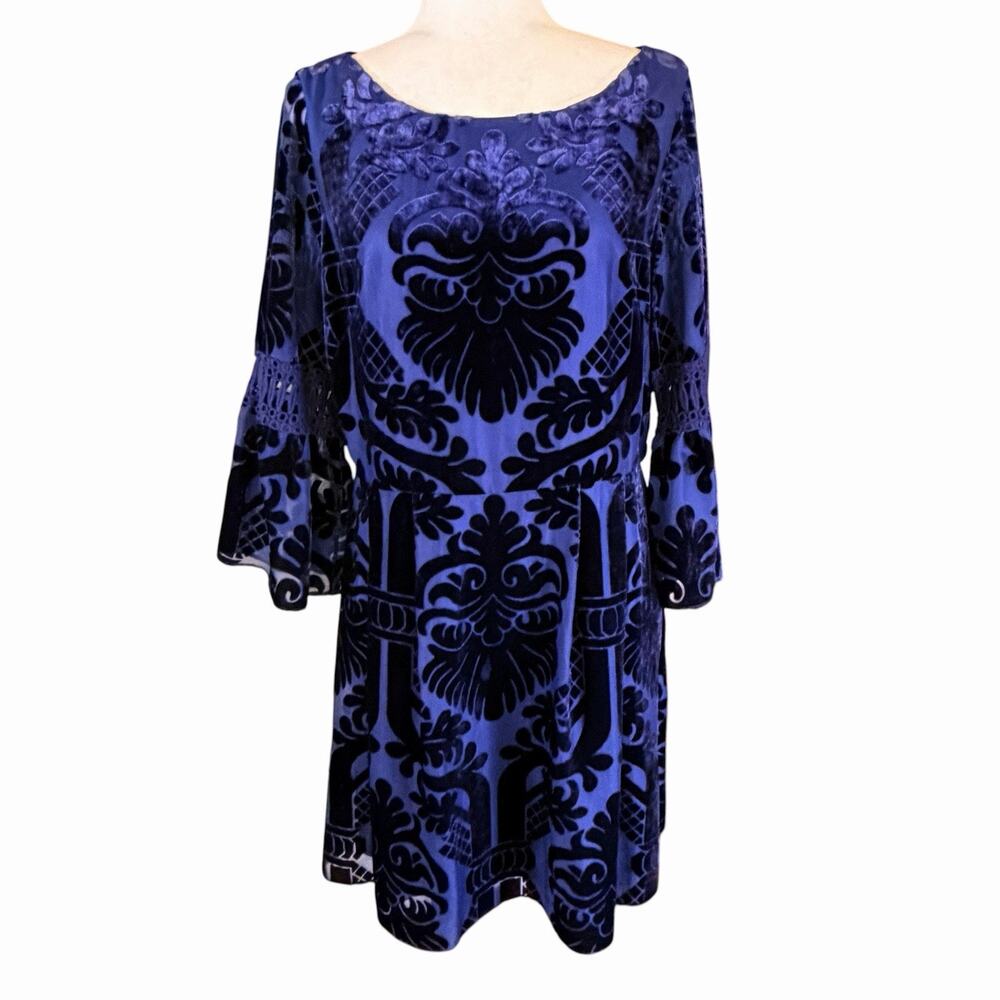 Eliza J Women’s Burnout Velvet Dress Flocking Blue 12 Poet Sleeve Whimsigoth